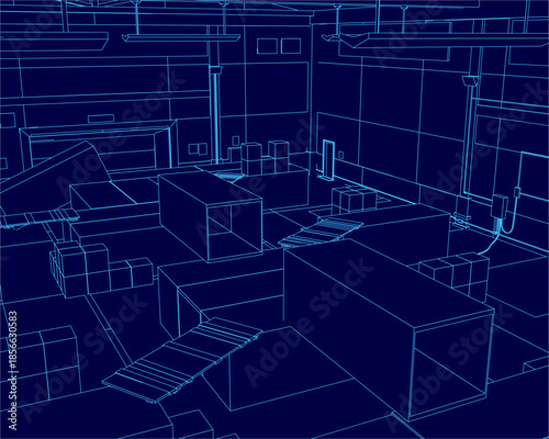 A warehouse blueprint with furniture and container contours outlines storage logistics and interior space planning.
