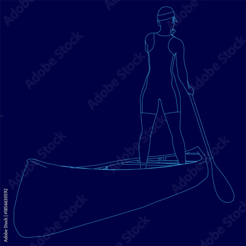 A woman in a light blue canoe paddles with a bright paddle, wearing a wetsuit and helmet with her hair in a ponytail against a deep blue background.