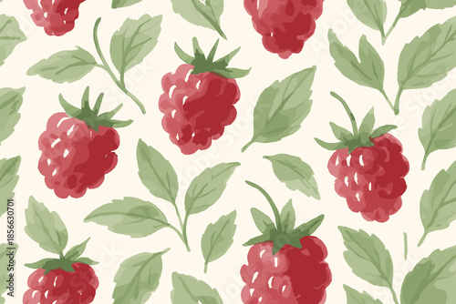 Fresh raspberries and green leaves pattern on a light background in a simple design featuring a natural theme
