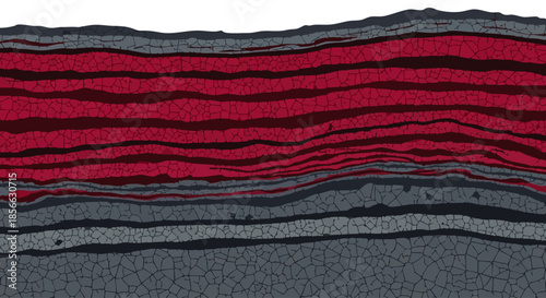 Cross-section of geological strata showing layers of rock with a distinct red band representing a specific mineral deposit.