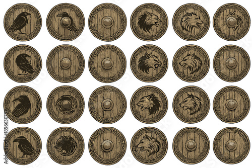 Different designs of shields featuring animal symbols arranged in a grid pattern suitable for design or gaming purposes