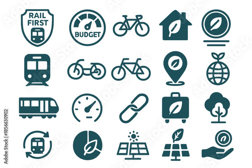 Icon collection of transport, environment, and budget themes in simple design on white background