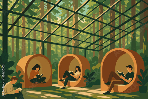 People reading books in nature inside a glass structure during daytime surrounded by trees
