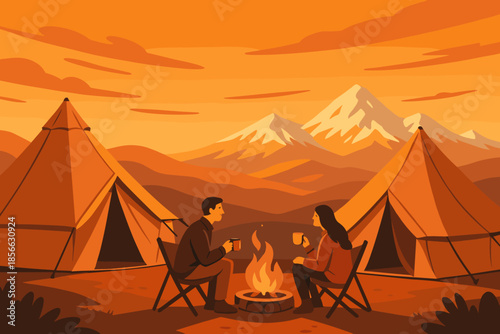 Campers enjoy hot drinks by a fire in the mountains during sunset with tents nearby