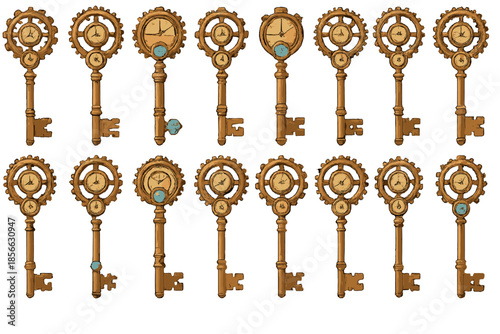 Collection of unique keys with clock dials and gear designs arranged in a row on a white background