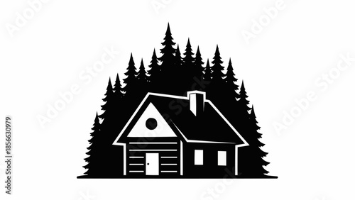 Log cabin nestled among tall pine trees in a forest setting.