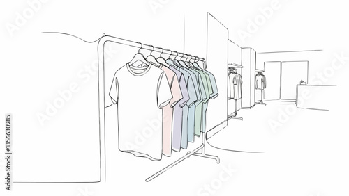 Line drawing of a clothing rack with t-shirts in a store.