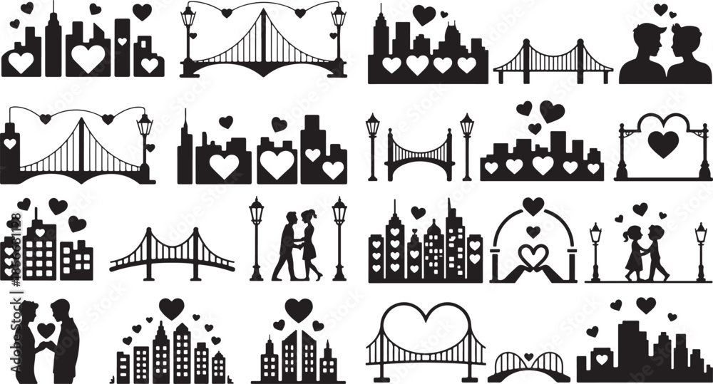 Obraz premium Black silhouettes of city skylines bridges and couples with hearts romantic urban icons