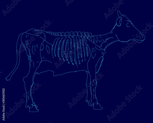 A terrifying zombie cow skeleton contour on a blue background reveals detailed animal anatomy for educational or horror concepts. Side view