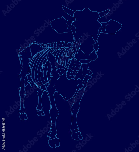A terrifying zombie cow skeleton with glowing blue contour stands on a dark blue background. This monstrous bovine creature evokes horror and supernatural themes.