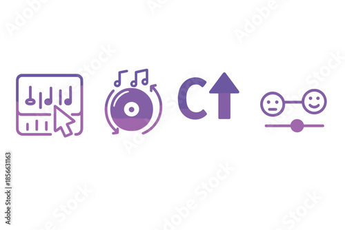 Graphic showing elements of music production with sound board, record, cursor, and symbols for audio editing