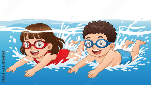 Two happy children in swimming goggles enjoying swimming in the clear blue water during summer vacation