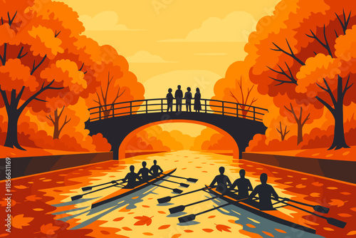 Rowers navigate a river as people watch from a bridge during autumn at sunset
