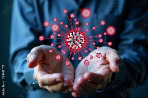 Title: Cutting-edge holographic visualization of the breakdown of COVID-19 molecules on a person's hands.