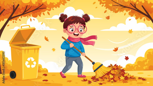A Little Girl Sweeping Autumn Leaves in a Park, Enjoying Seasonal Outdoor Activities and Helping with Yard Work