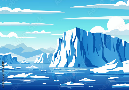 Arctic Iceberg Landscape Illustration Featuring Cold Blue Tones and Floating Ice Formations Under a Cloudy Sky