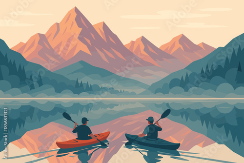 Two people kayaking on a lake surrounded by mountains during sunset hours