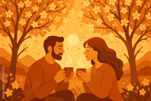 Couple enjoying warm drinks under flowering trees during sunset in a cozy outdoor setting