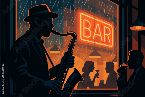 Evening jazz performance outside a bar during rainy weather with patrons enjoying drinks inside