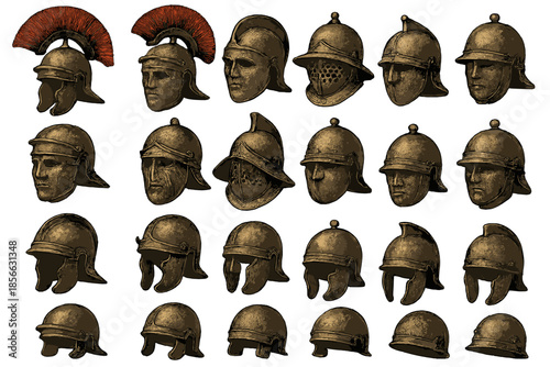 Collection of ancient warrior helmets displayed in a grid pattern showing different styles and designs from historical battles