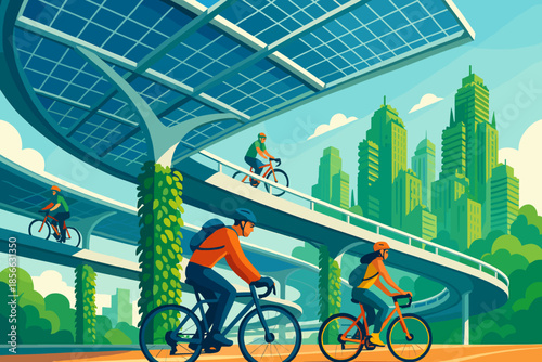 Cyclists riding on a raised path under solar panels in a city with tall buildings during the day