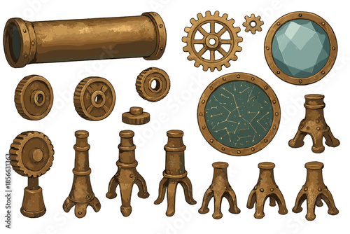 Steampunk gears and devices arranged on a white background for design inspiration and creative projects
