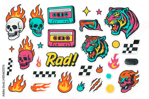 Various colorful stickers including skulls, tigers, and flames on a white background showcasing a bold design style popular in some youth culture