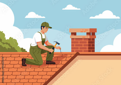 Roofer working on a brick chimney and roof tiles on a sunny day with clouds in the sky - detailed illustration