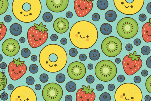 Colorful fruit pattern with smiling faces on a light blue background showing various fruits and cute designs