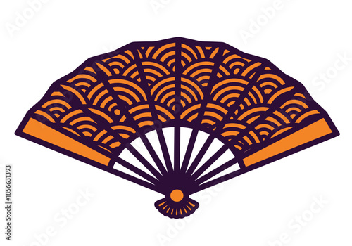 A visually striking and ornate purple and orange Japanese fan, expertly crafted and intricately designed with a repeating wave pattern, evoking traditional elegance and cultural artistry
