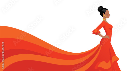 Vibrant Spanish Flamenco Dancer in a Flowing Red Dress, Elegantly Posing with Passion and Grace
