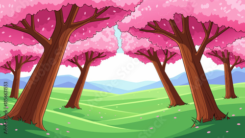 Vibrant Cherry Blossom Trees in Full Bloom Under a Clear Sky, Creating a Picturesque Spring Landscape