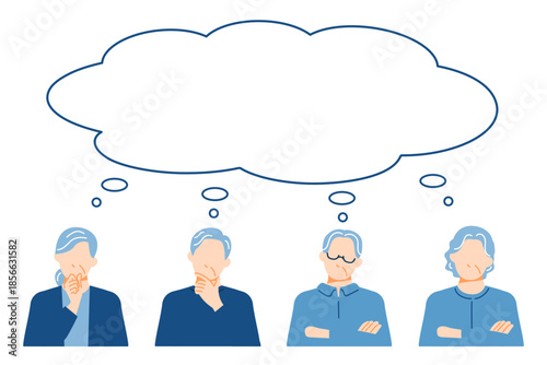 シニア男性と女性の困った表情とふきだしのイラスト。フラットデザイン。
