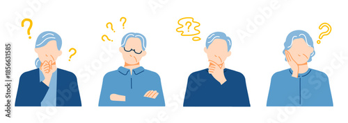 シニア男性と女性がそれぞれ疑問に思っている表情のイラスト。フラットデザイン。
