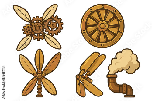 Artwork features steampunk elements with gear designs, propeller shapes, and steam pipe details