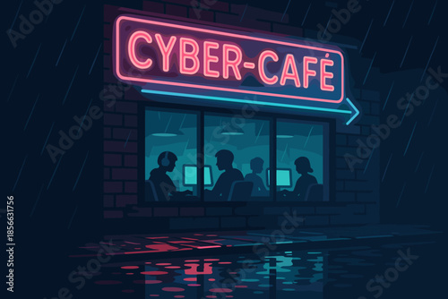 People use computers inside a cyber cafe during a rainy night in a city with neon lights outside