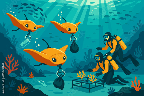 Underwater scene with divers and robotic devices collecting trash in ocean