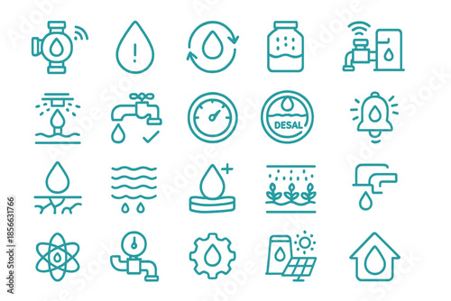 Icons representing water management, conservation, and desalination technology in various settings
