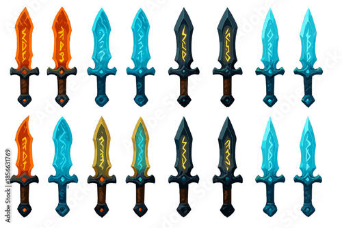 Different types of swords with various colors and designs on a white background