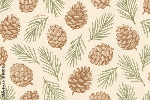 Pattern of pine cones and green leaves on a light background in a natural design