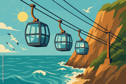 Views from the cable car ride over the ocean near the cliffs on a sunny day with seagulls flying above