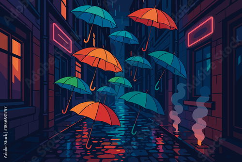Colorful umbrellas floating in a nighttime street scene with reflections on wet pavement