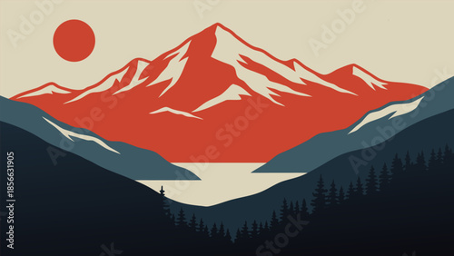 Majestic Mountain Range and Serene Lake at Sunset A Breathtaking Natural Landscape Illustration