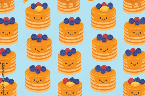 Cute pancakes with smiling faces and berries on a light blue background create a fun pattern for design