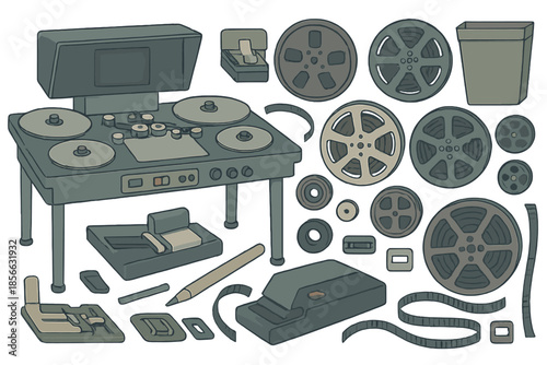 Tools and equipment used for film editing in a studio at a creative workspace focusing on film production and post production tasks