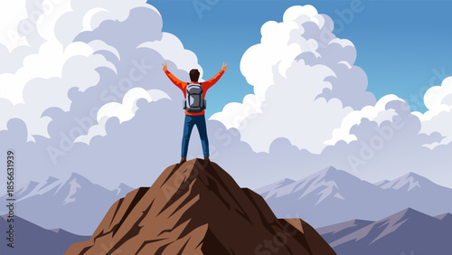 Achieving Success and Reaching Goals with a Sense of Accomplishment atop a Mountain Peak Under a Sky Filled with Clouds