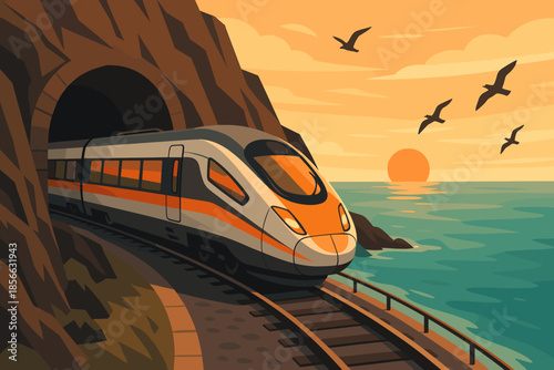 Train travels along the coast as the sun sets behind the rocks near a tunnel
