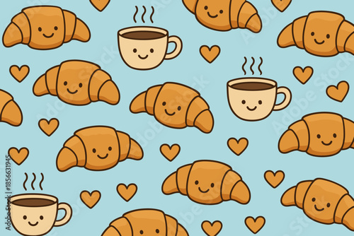 Cute croissants and coffee cups make a fun pattern on a light blue background with smiling faces and hearts throughout the design