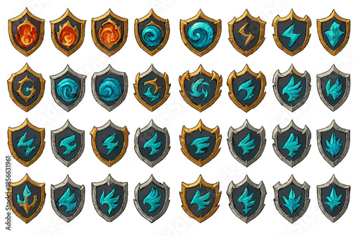 Different designs of shields showing symbols of fire, water, wind, electric and other elements arranged in a grid format for a fantasy theme