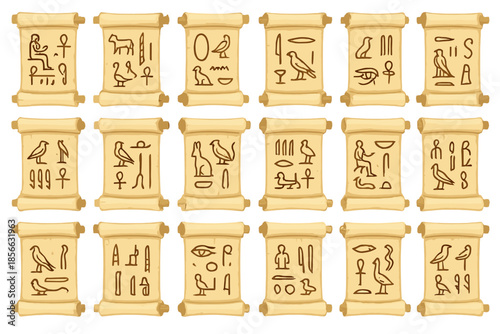 Collection of ancient scrolls displaying Egyptian hieroglyphs found in a museum setting